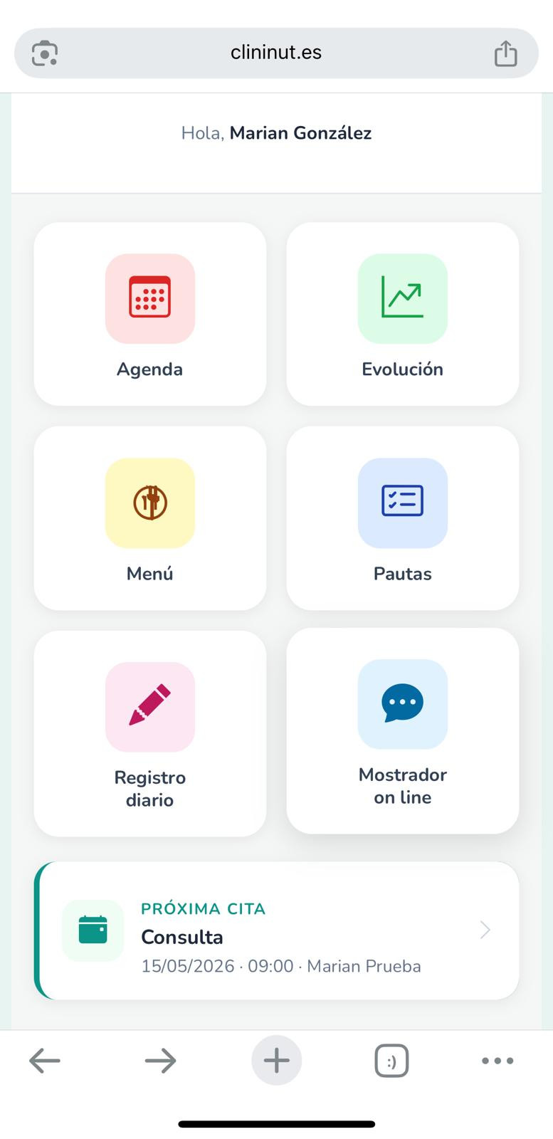 Indicadores de ProgressIA: próxima cita, evolución, IMC y chat
